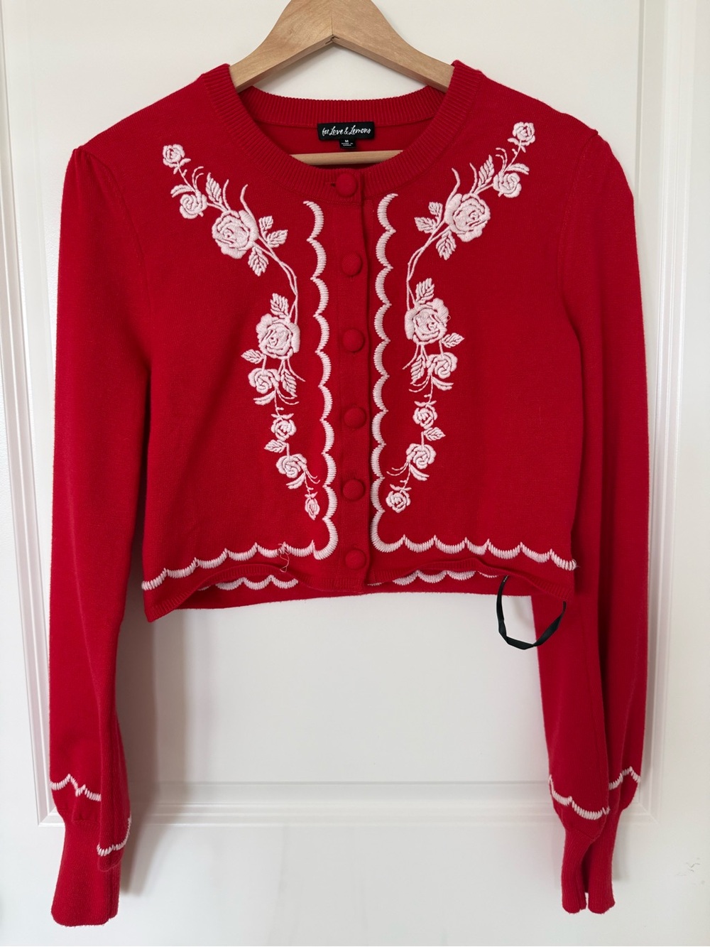 For Love & Lemons Red Cropped Floral-Embroidered Cardigan